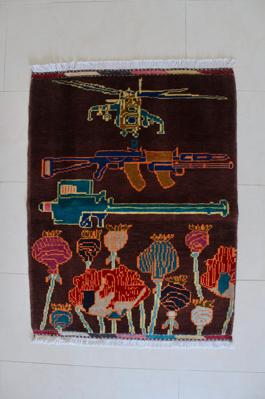 New Hand-Knotted Afghan War Rug – Helicopter, Rifle & Poppy Design 66cm by 87cm