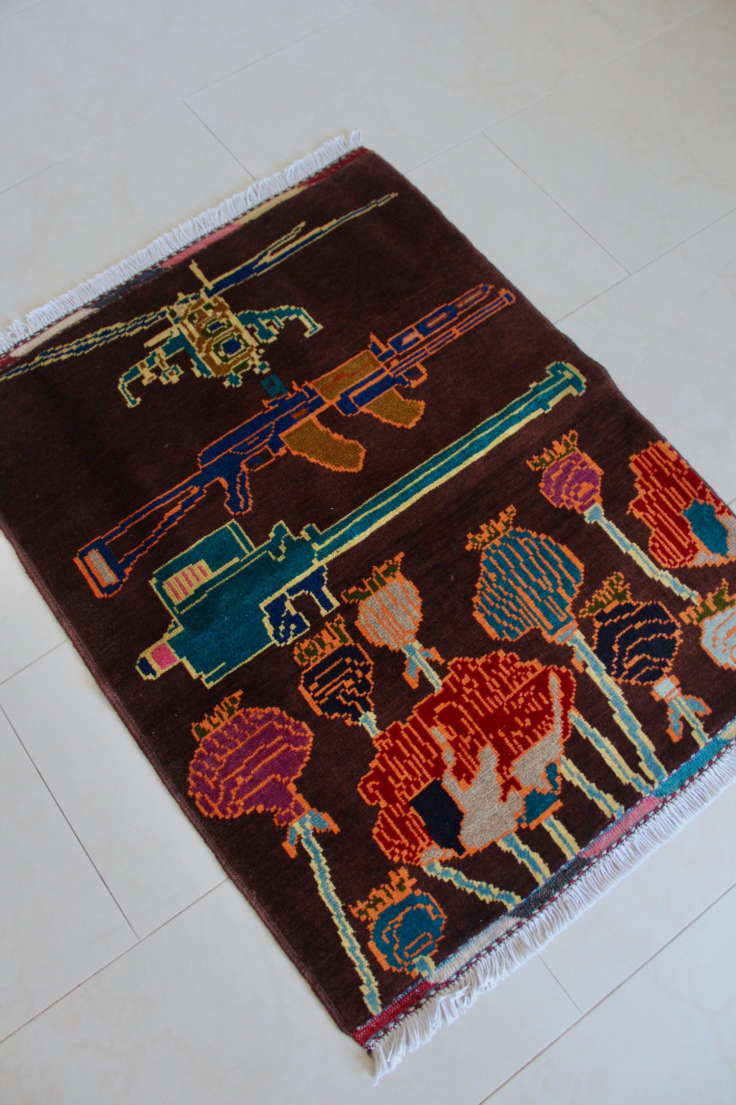 New Hand-Knotted Afghan War Rug – Helicopter, Rifle & Poppy Design 66cm by 87cm