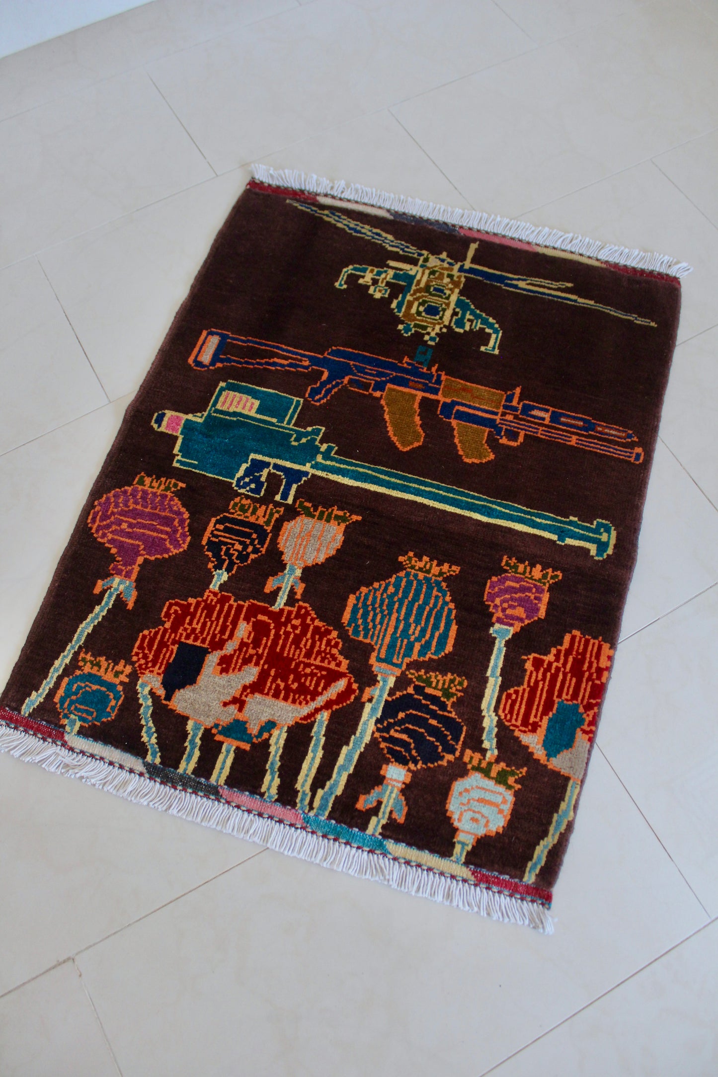 New Hand-Knotted Afghan War Rug – Helicopter, Rifle & Poppy Design 66cm by 87cm