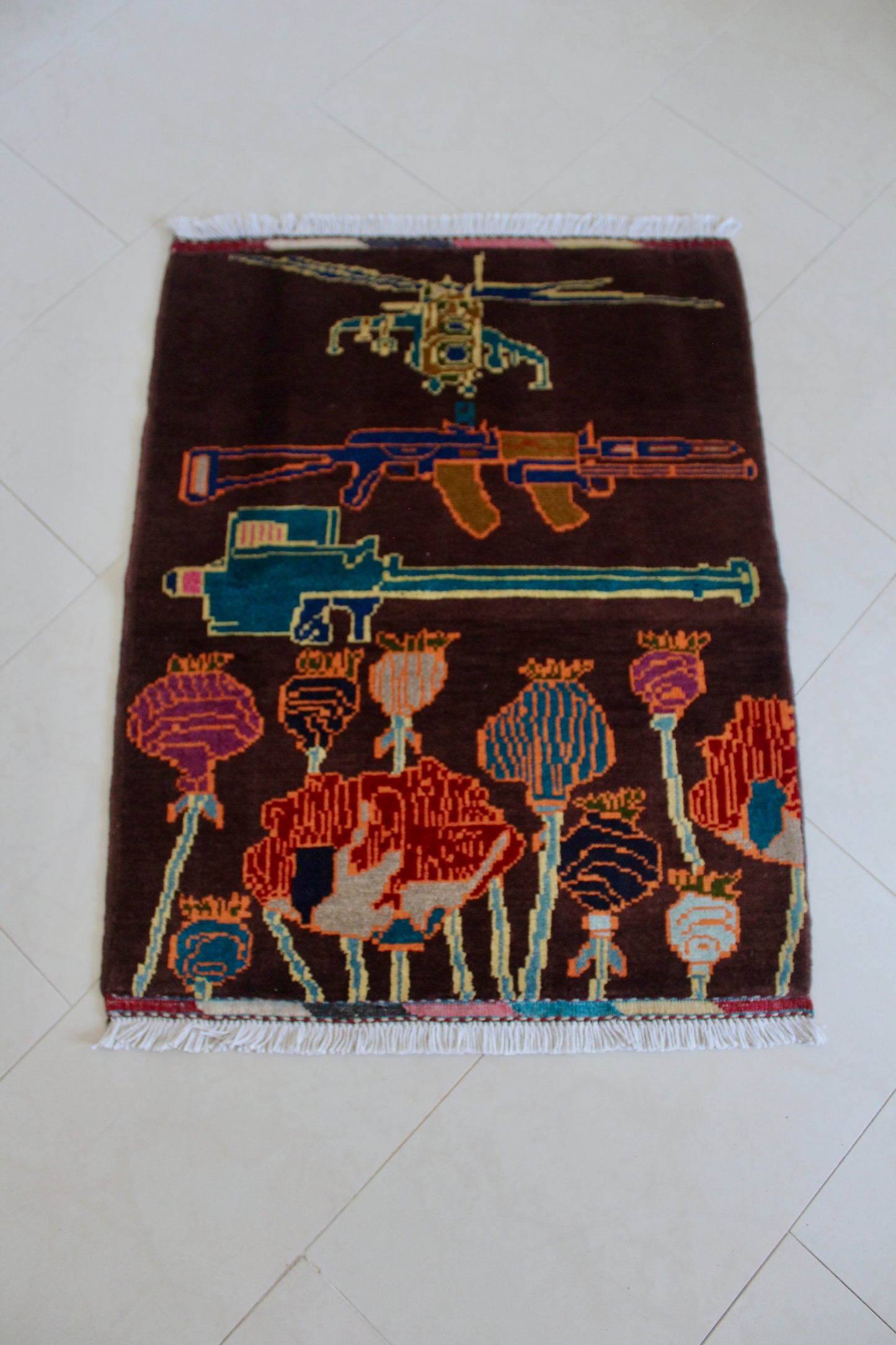 New Hand-Knotted Afghan War Rug – Helicopter, Rifle & Poppy Design 66cm by 87cm