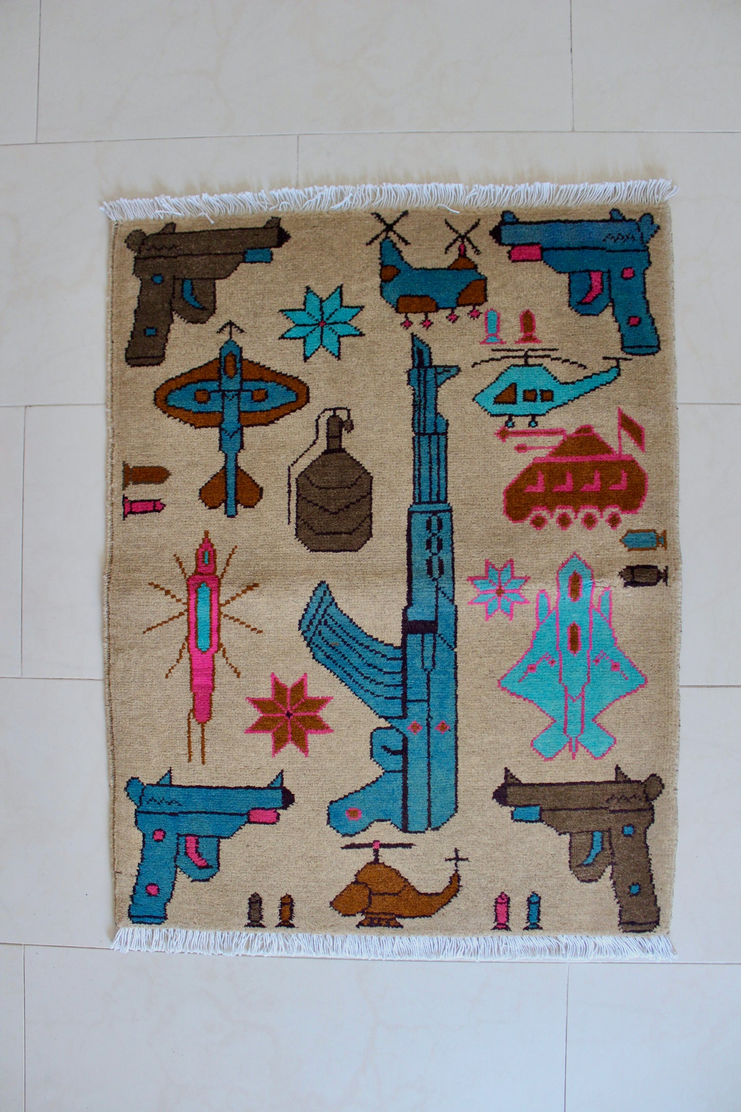 New Hand-Knotted Afghan War Rug – AK-47 & Military Motif Design 62cm by 79cm