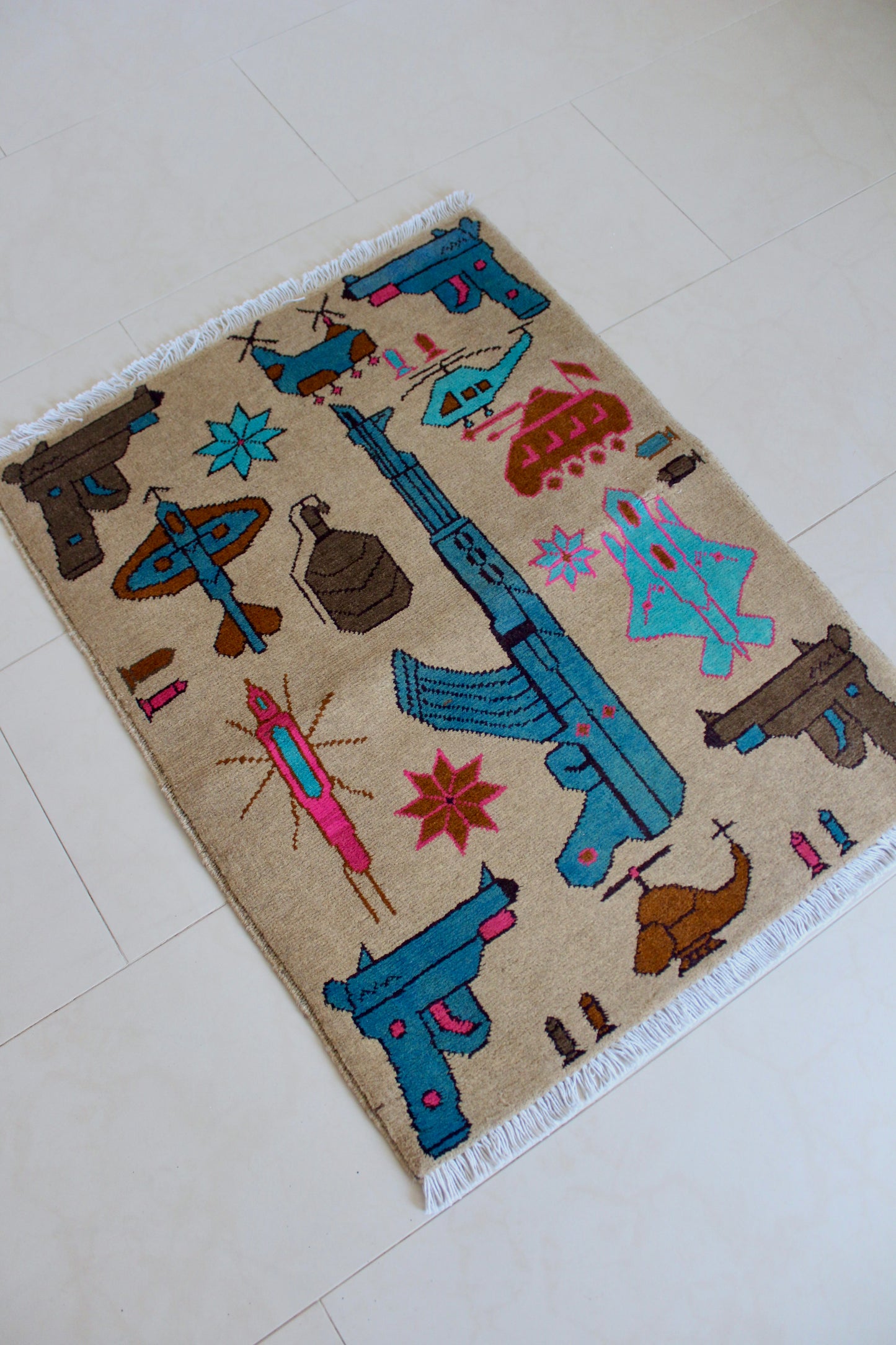 New Hand-Knotted Afghan War Rug – AK-47 & Military Motif Design 62cm by 79cm