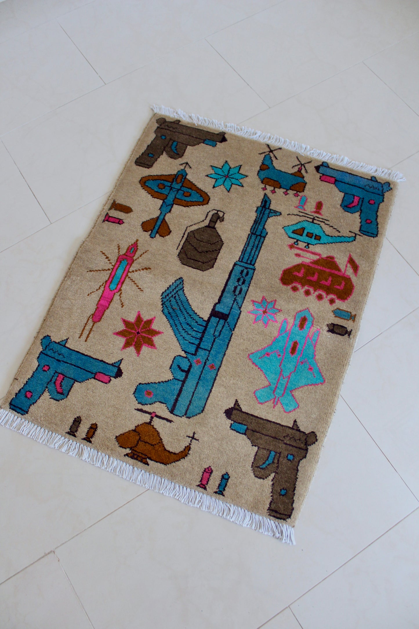 New Hand-Knotted Afghan War Rug – AK-47 & Military Motif Design 62cm by 79cm