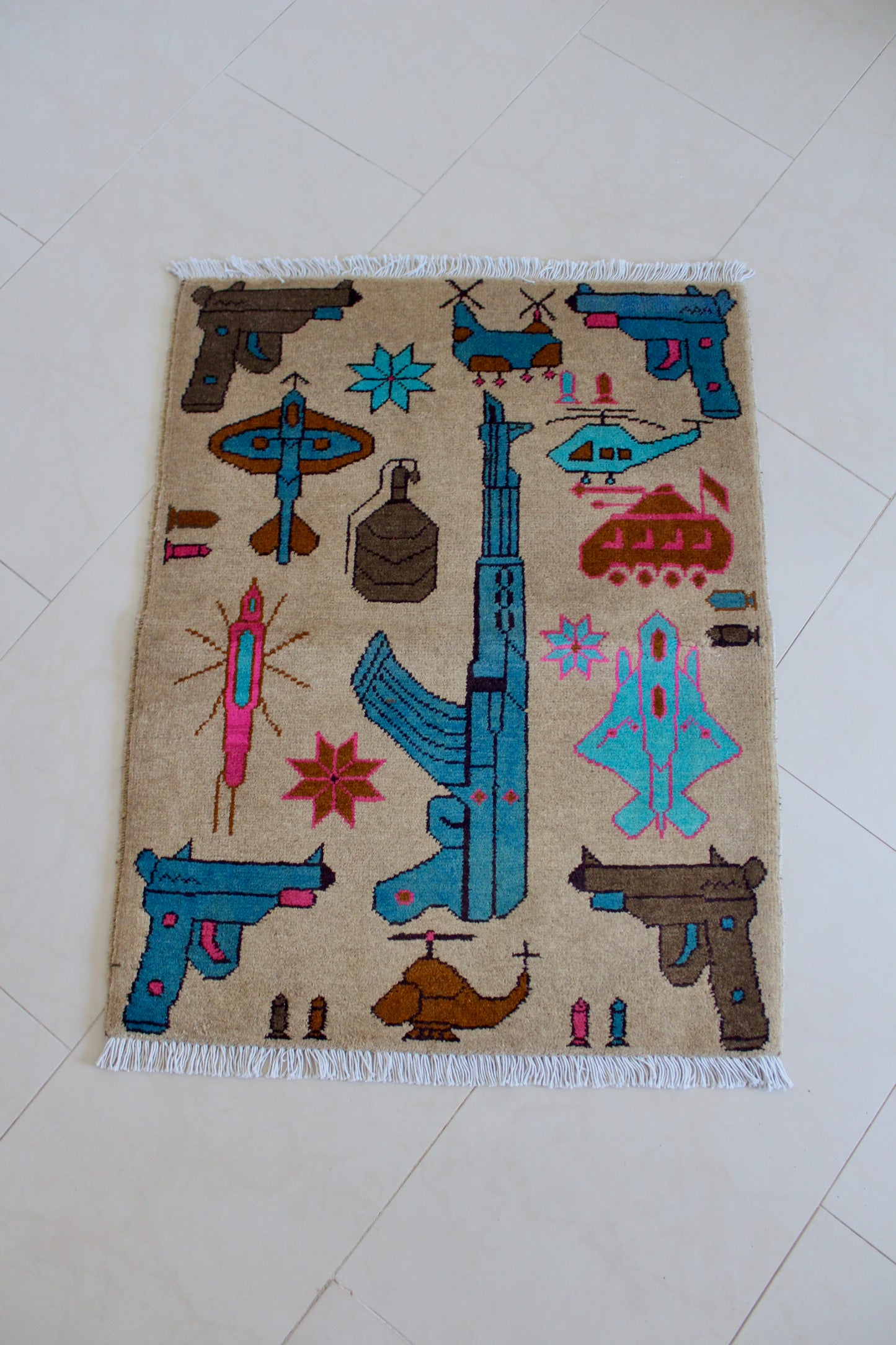 New Hand-Knotted Afghan War Rug – AK-47 & Military Motif Design 62cm by 79cm