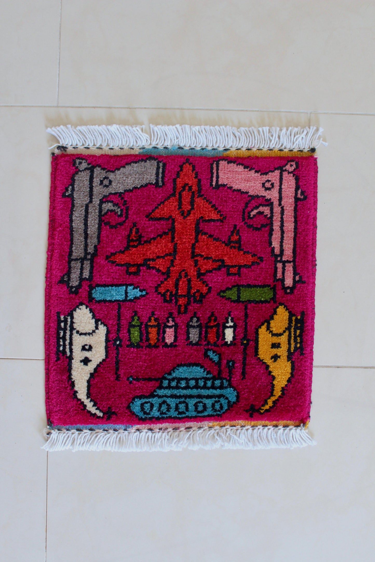 Small Hand-Knotted Afghan War Rug – Military Aircraft & Weapons Motif 30cm by 30cm