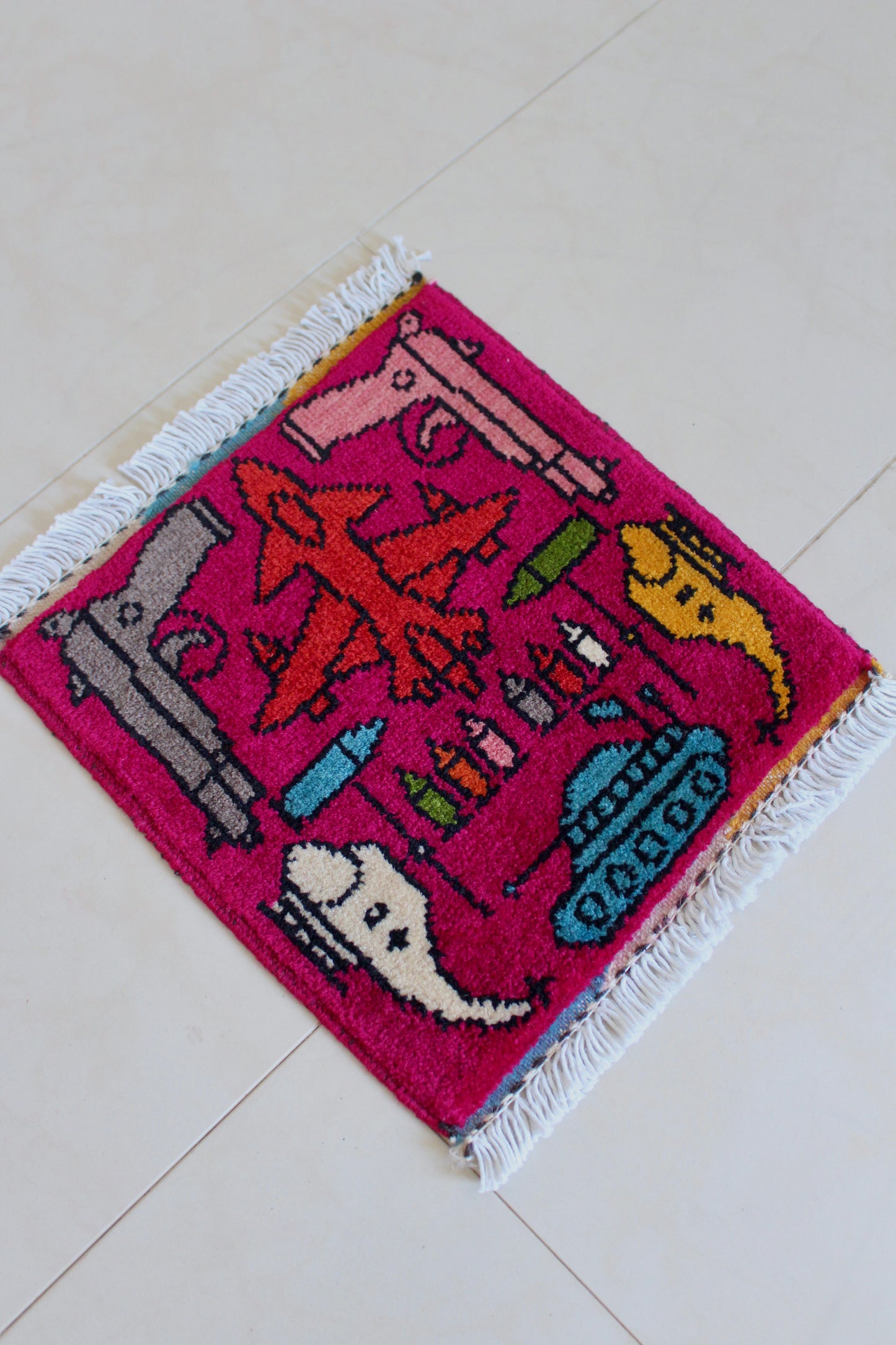 Small Hand-Knotted Afghan War Rug – Military Aircraft & Weapons Motif 30cm by 30cm