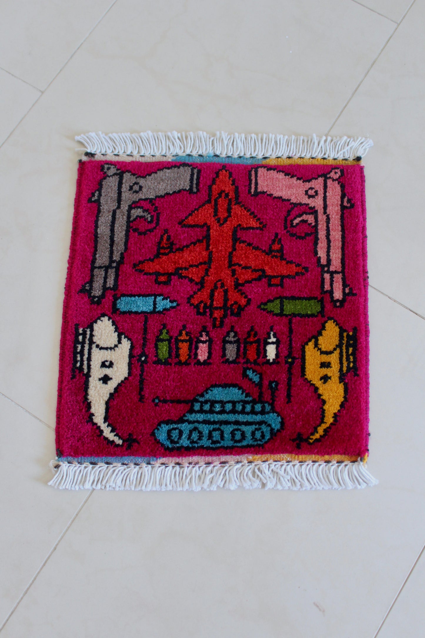 Small Hand-Knotted Afghan War Rug – Military Aircraft & Weapons Motif 30cm by 30cm