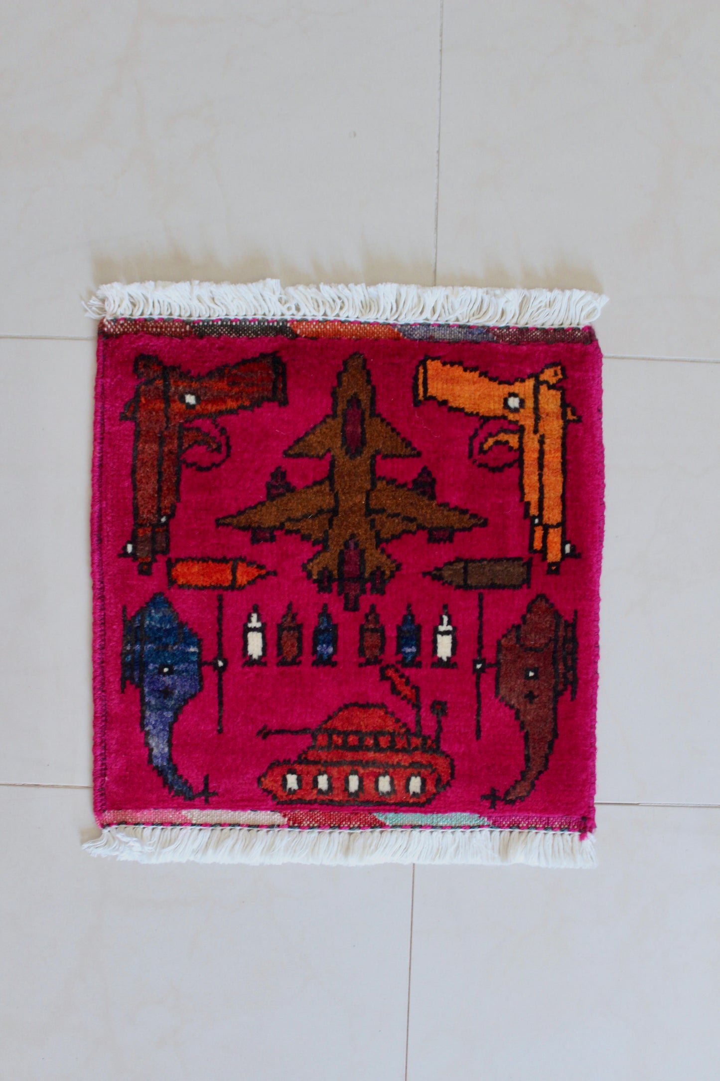 Small Hand-Knotted Afghan War Rug – Military Aircraft & Weapons Motif 30cm by 30cm