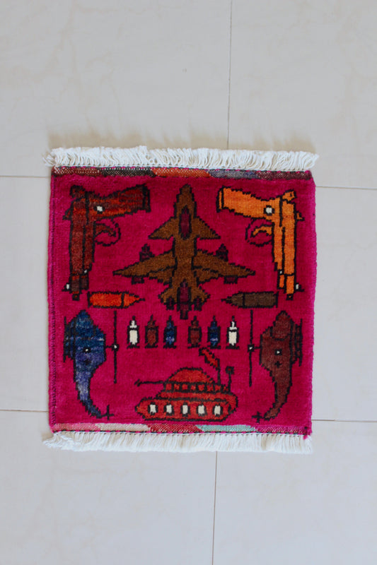 Small Hand-Knotted Afghan War Rug – Military Aircraft & Weapons Motif 30cm by 30cm