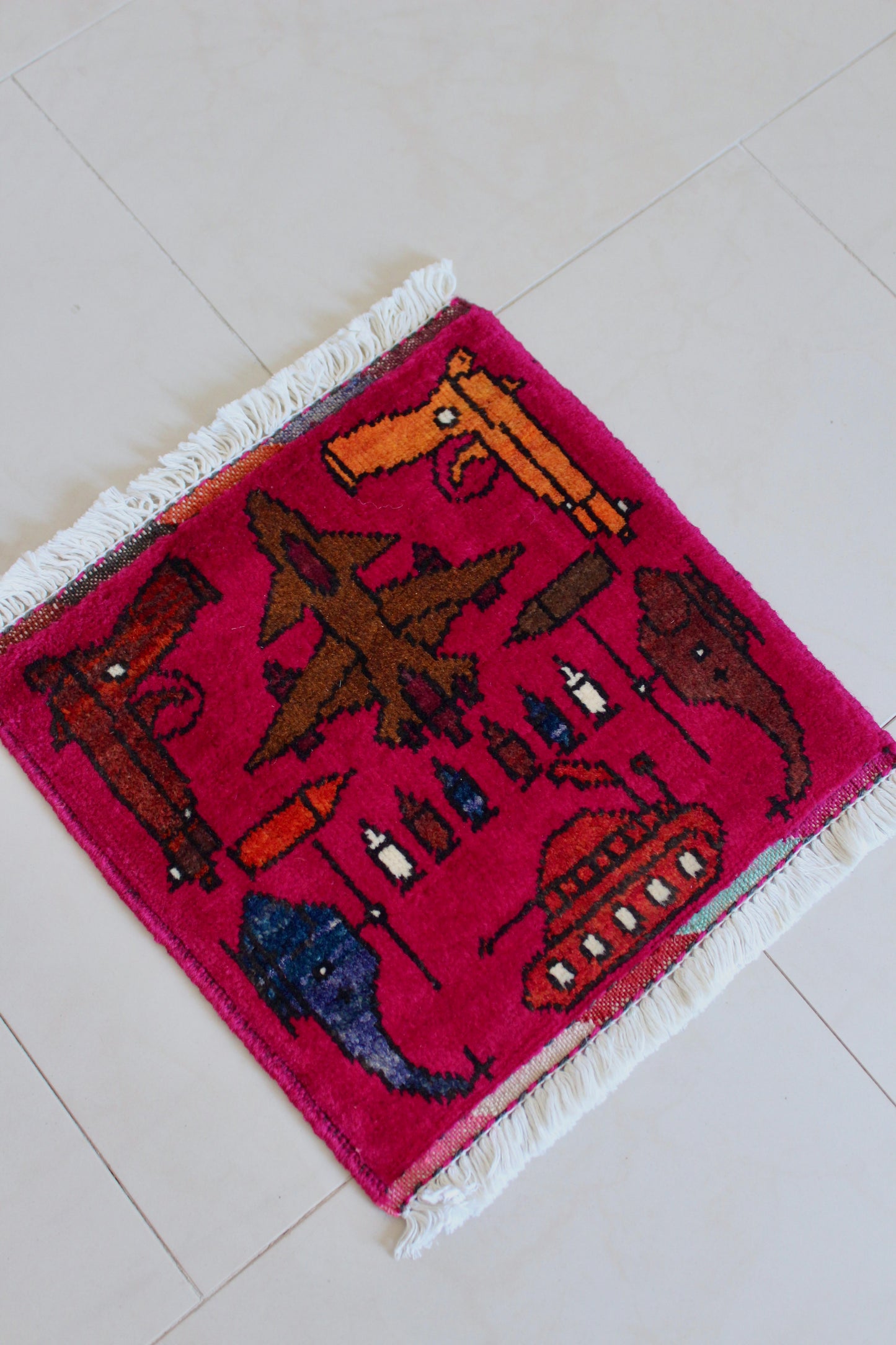 Small Hand-Knotted Afghan War Rug – Military Aircraft & Weapons Motif 30cm by 30cm