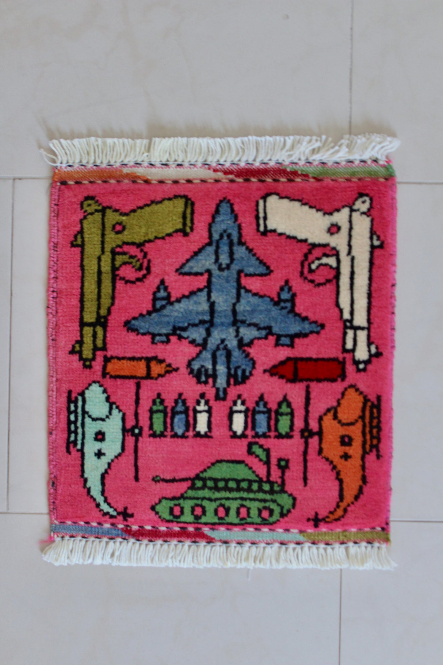 Small Hand-Knotted Afghan War Rug – Military Aircraft & Weapons Motif 30cm by 30cm