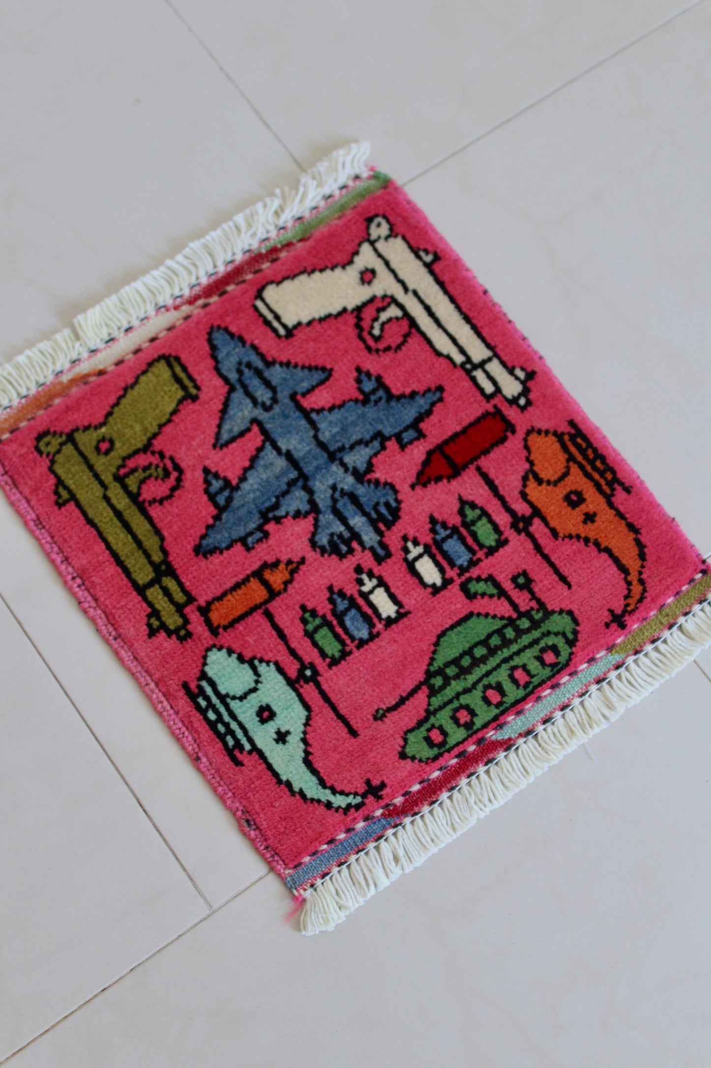 Small Hand-Knotted Afghan War Rug – Military Aircraft & Weapons Motif 30cm by 30cm
