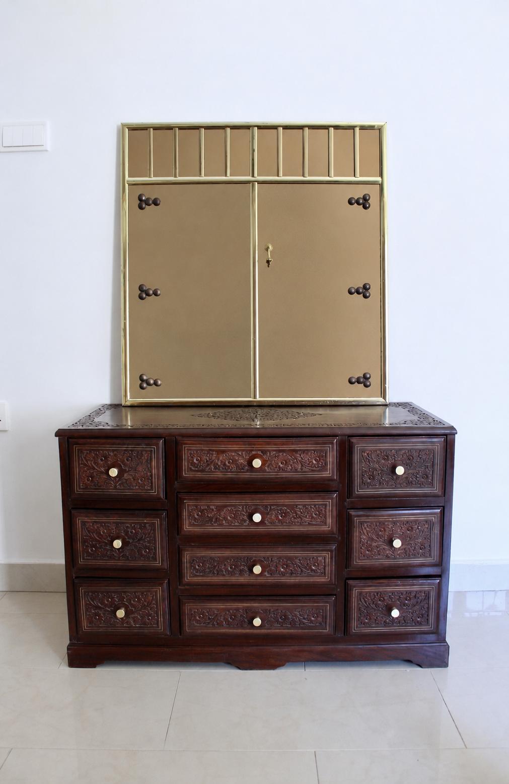 Hand-Carved Solid Wood Chest of Drawers with Brass Inlay