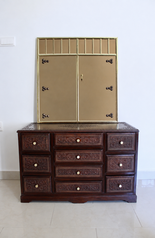 Hand-Carved Solid Wood Chest of Drawers with Brass Inlay